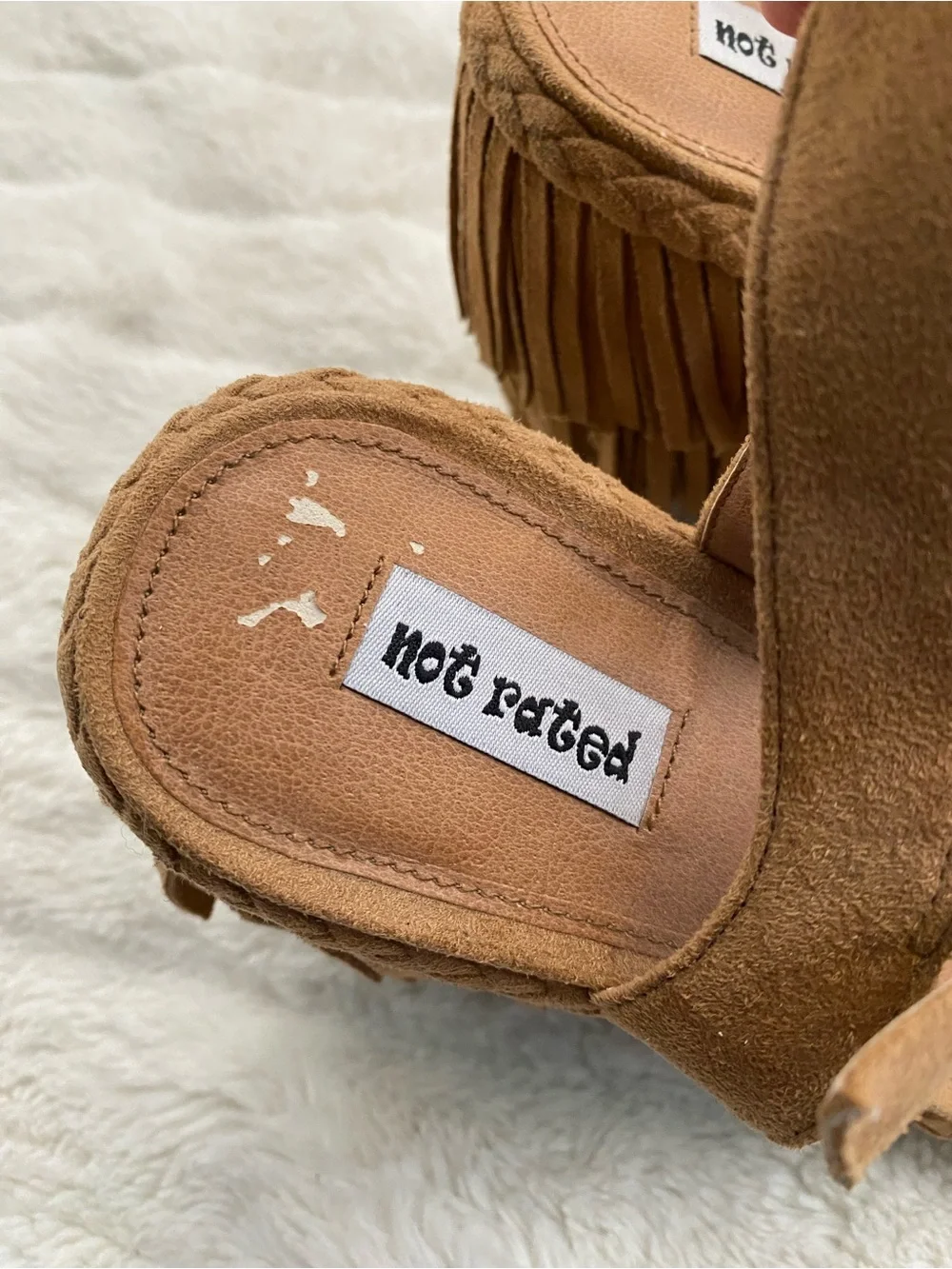 Not Rated Tan Suede Fringe Wedge Sandal